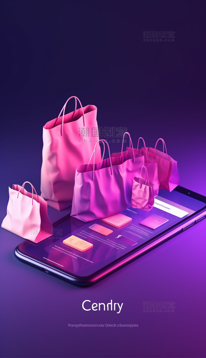电商购物小场景紫色购物袋手机