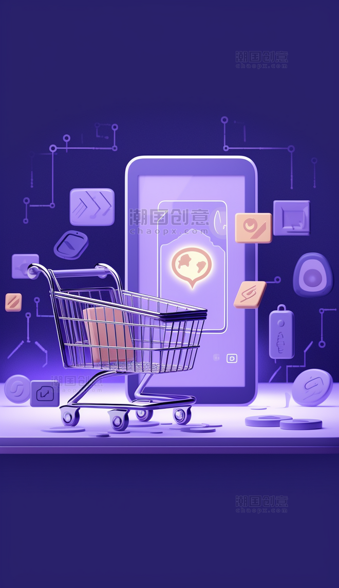 科技小图标3d电商购物小场景网购促销购物车紫色