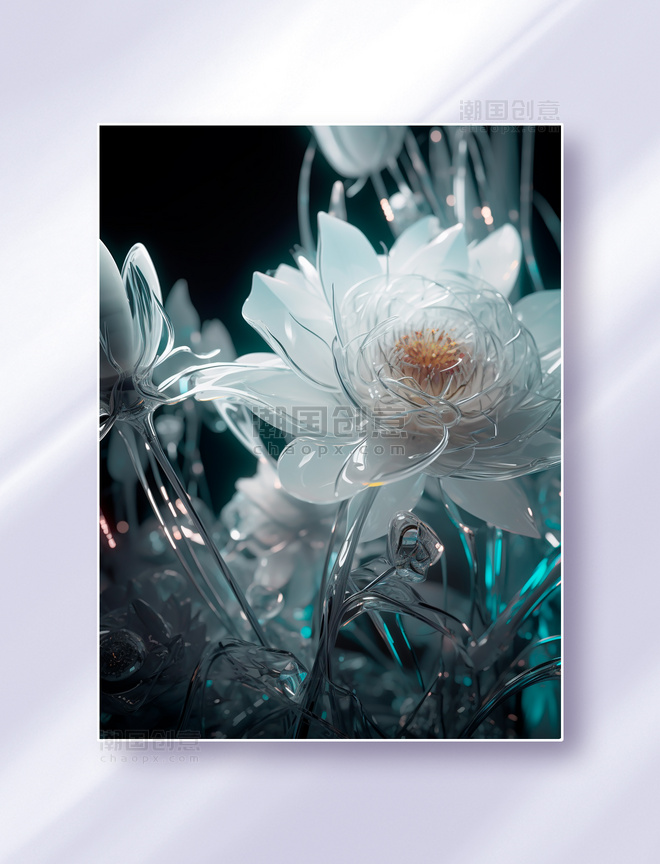 白色透明玻璃金属超现实概念有机花卉