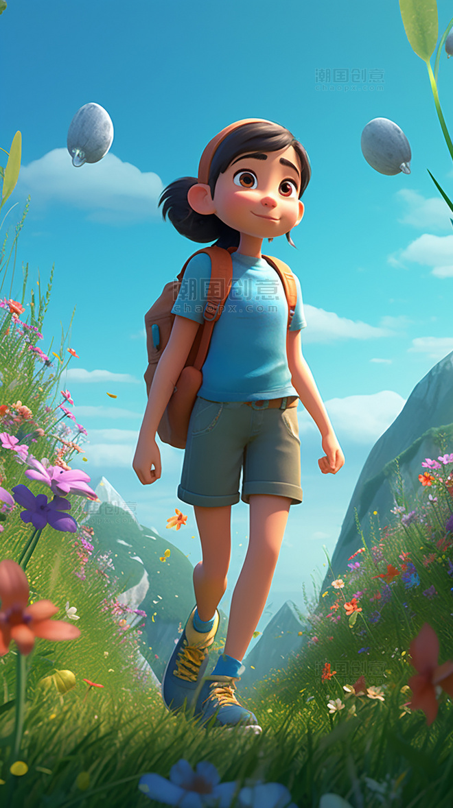 一个超级可爱的女孩背着书包春天绿色的植物盛开的花朵