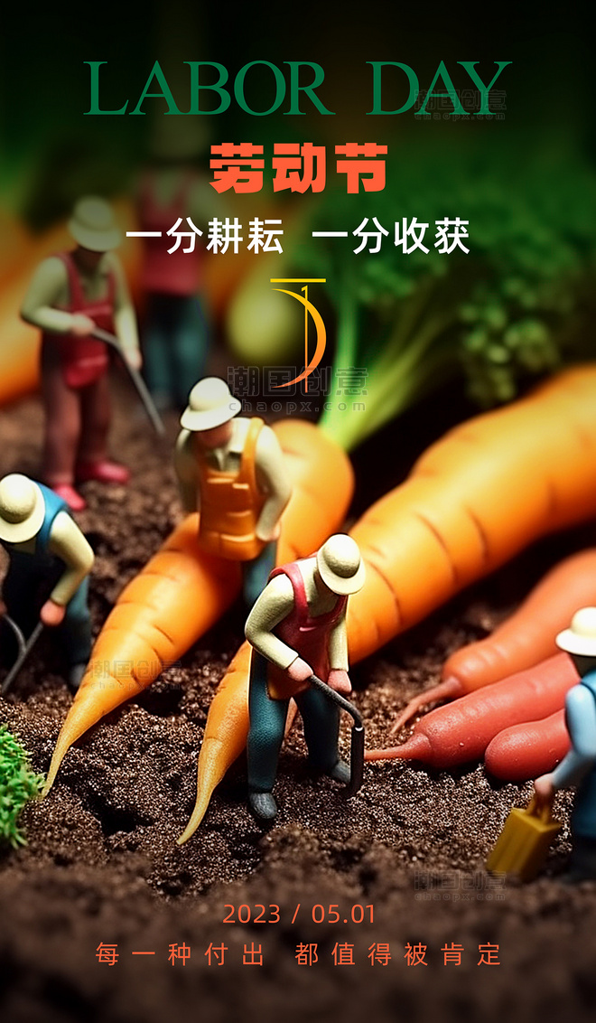 3D微缩世界五一劳动节生鲜蔬菜胡萝卜借势海报
