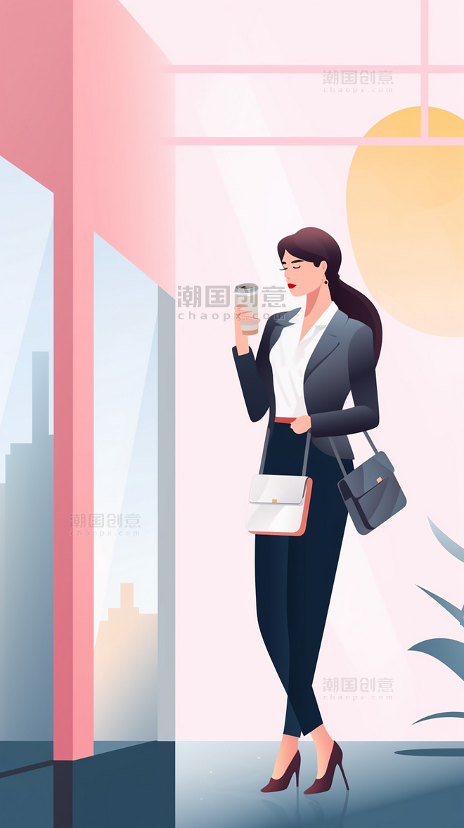扁平风平面插图一个女生拿着咖啡在公司极简主义