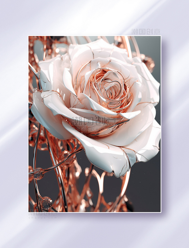 白金色未来风概念金属琉璃玫瑰数字花卉艺术