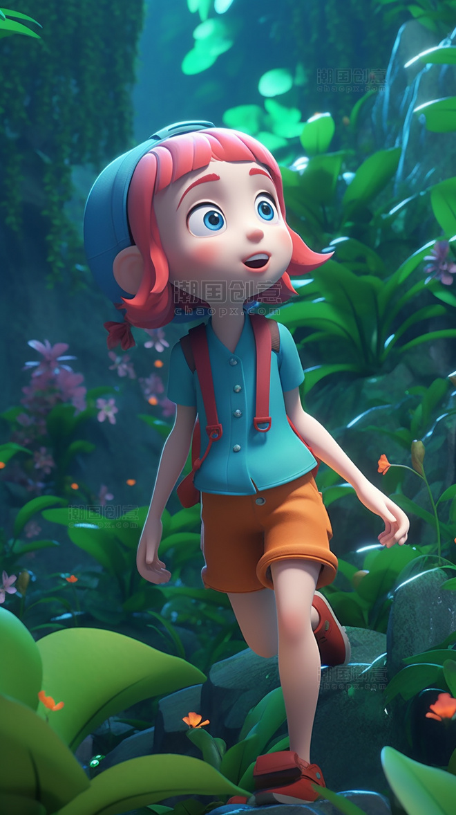 一个超级可爱的女孩在丛林春天绿色的植物盛开的花朵