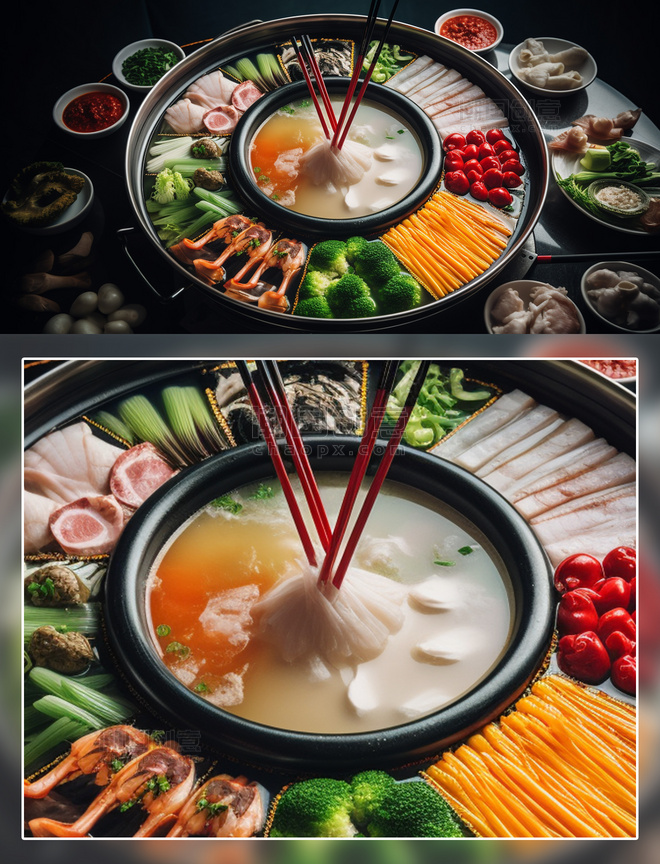 清汤锅火锅蔬菜肉类拼盘美食摄影