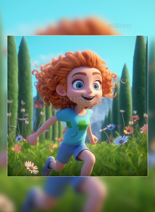 一个超级可爱的女孩在花丛奔跑春天绿色的植物盛开的花朵