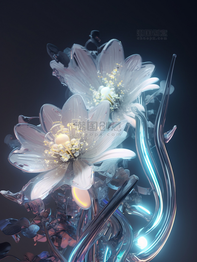 玻璃质感超现实主义特写花未来主义有机花朵透明塑料