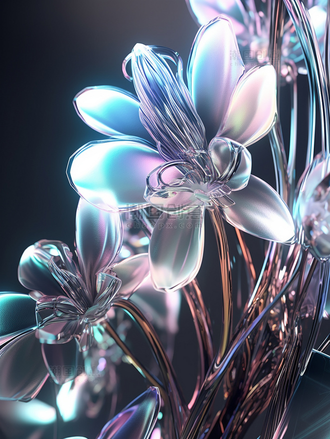 超现实主义特写花未来主义有机花朵玻璃质感透明塑料