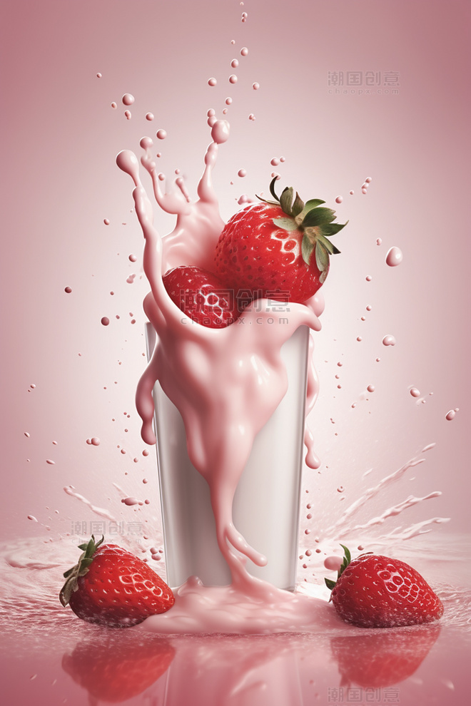 水果草莓牛奶海报几个草莓牛奶飞溅插图