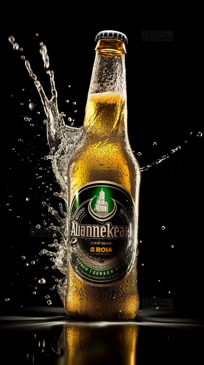 夏日冰镇啤酒一瓶啤酒泼水专业摄影棚产品摄影
