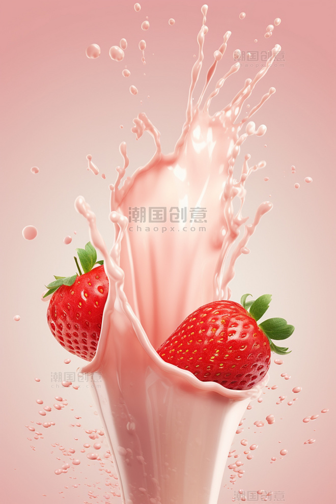 牛奶海报水果草莓几个草莓牛奶飞溅插图