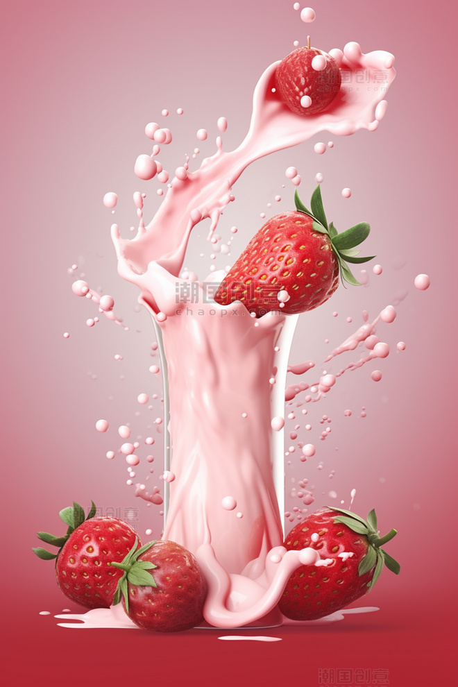 美味水果草莓牛奶海报几个草莓牛奶飞溅插图
