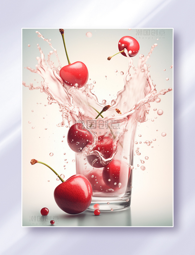 车厘子樱桃美食广告摄影图飞溅的果酱