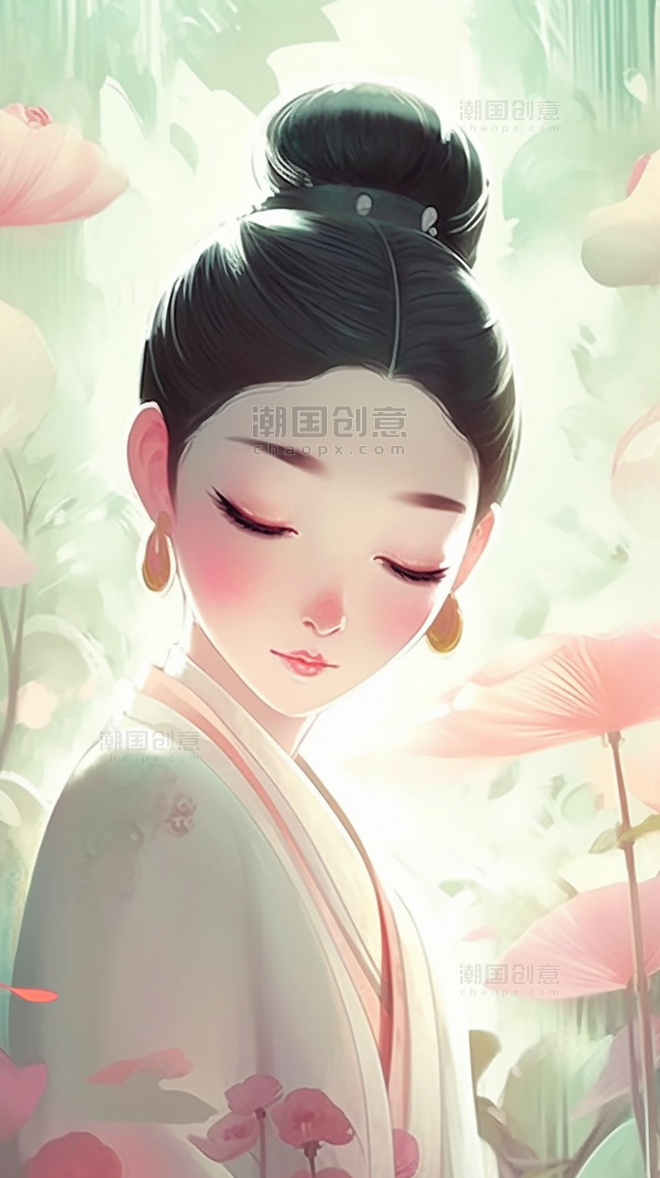 一个美丽的中国仙女风格的竹林女孩中国工笔风格