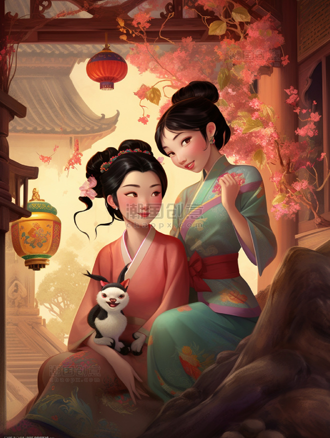 两位古风女性屋前场景插画人物中国风国潮