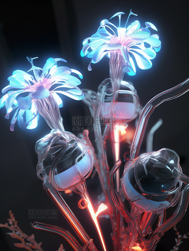 玻璃质感透明塑料超现实主义特写花未来主义有机花朵