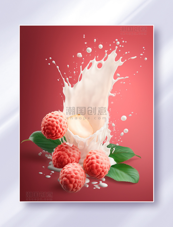 喷溅的果酱牛奶和新鲜荔枝水果摄影广告图