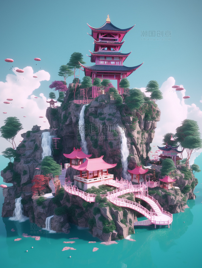 许多传统的中国建筑在浮岛上瀑布大月亮东方景观现实主义