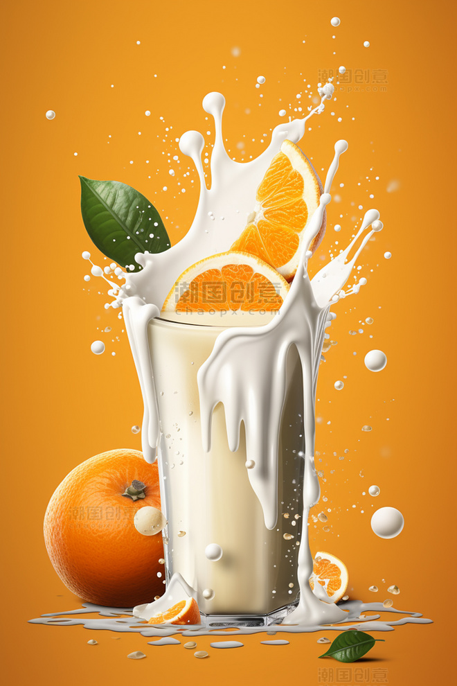 橙子水果牛奶海报几个橙子牛奶飞溅插图