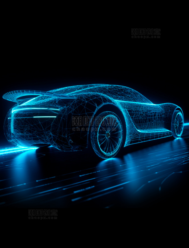 科幻蓝色光线透视感超级跑车概念汽车展示图