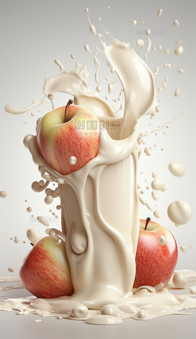 牛奶酸奶苹果碰撞特写照