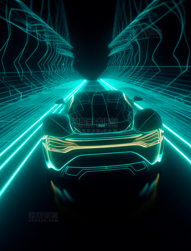科幻感隧道里的流光线条概念跑车尾部视角