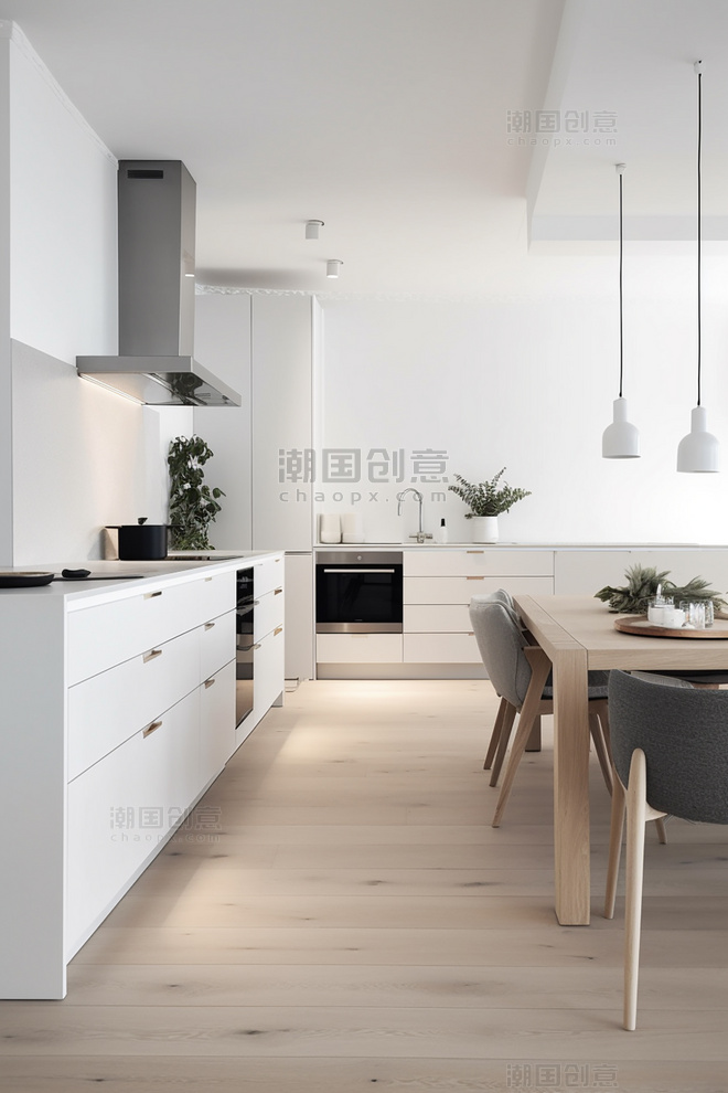 厨房极简主义白色橱柜浅色木质装饰明亮宽敞现代室内摄影