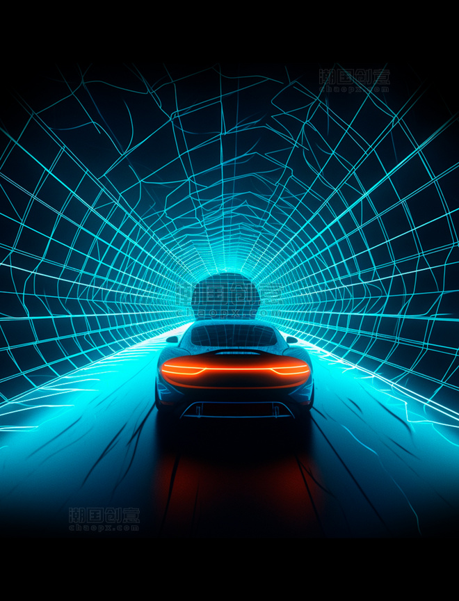 行驶在蓝色光线隧道里的未来概念跑车