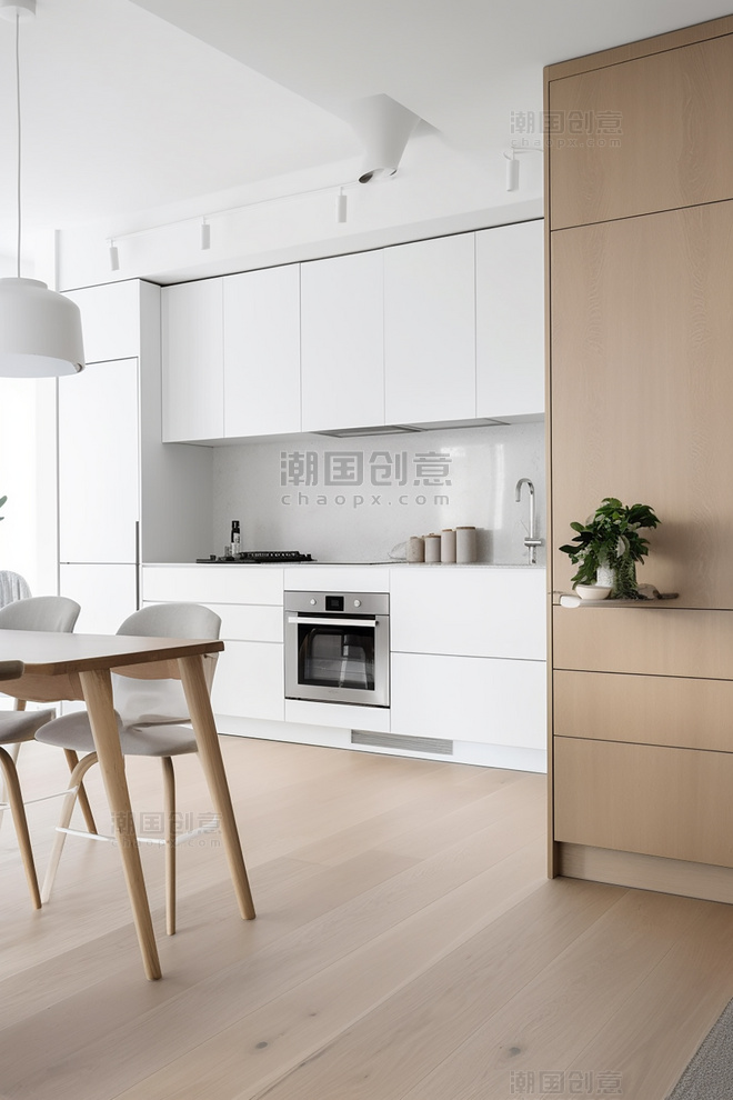 极简主义厨房白色橱柜浅色木质装饰明亮宽敞现代室内摄影