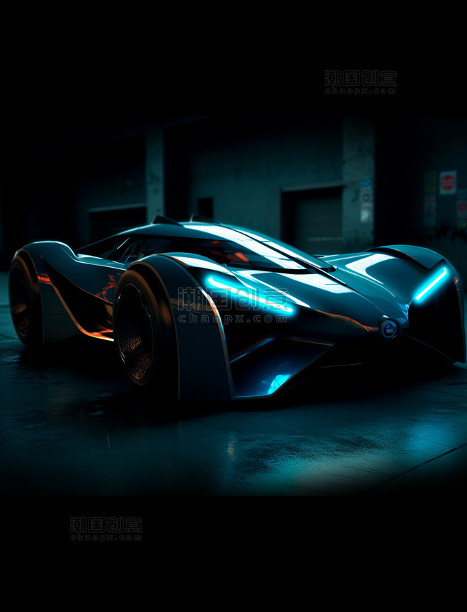 流线型未来科幻概念超级跑车蓝色大灯