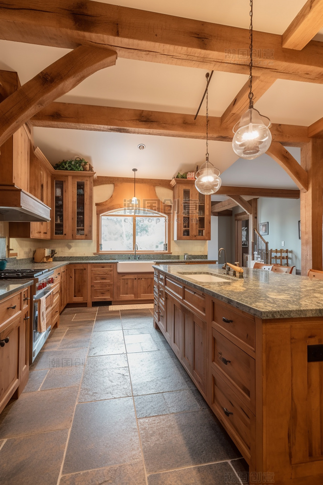 超广角和房地产摄影一个大型现代厨房的内部有裸露的木梁精致的细节