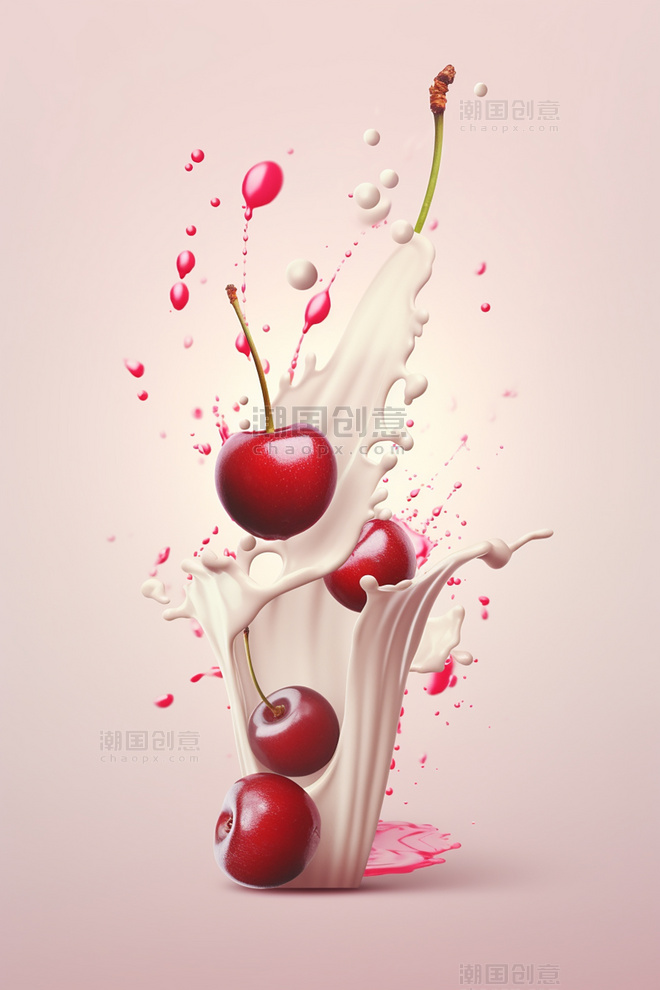 牛奶飞溅插图水果樱桃牛奶海报几个樱桃