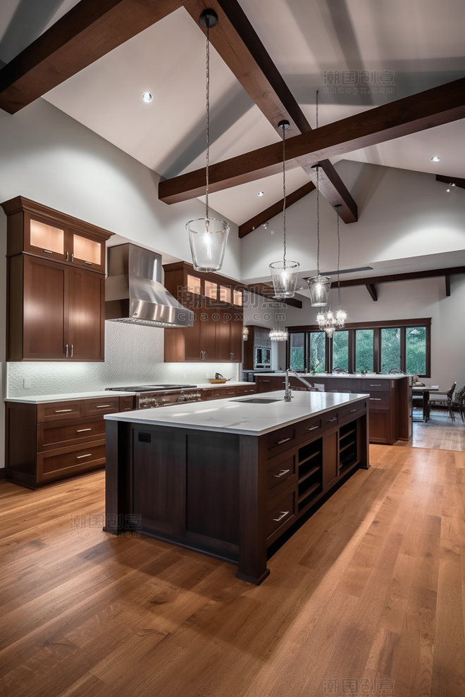 一个大型现代厨房的内部有裸露的木梁精致的细节超广角和房地产摄影