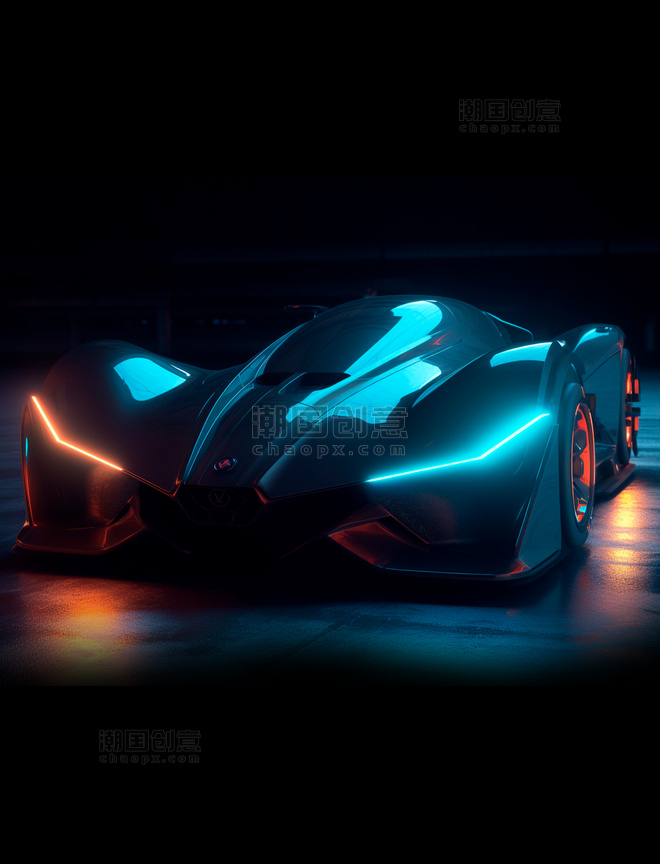 蓝橙色大灯暗黑酷炫流线型概念超级跑车汽车