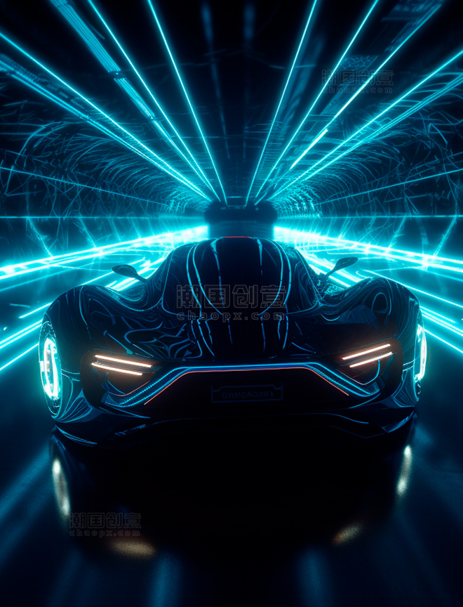 暗黑系科幻概念超级跑车蓝色光线隧道