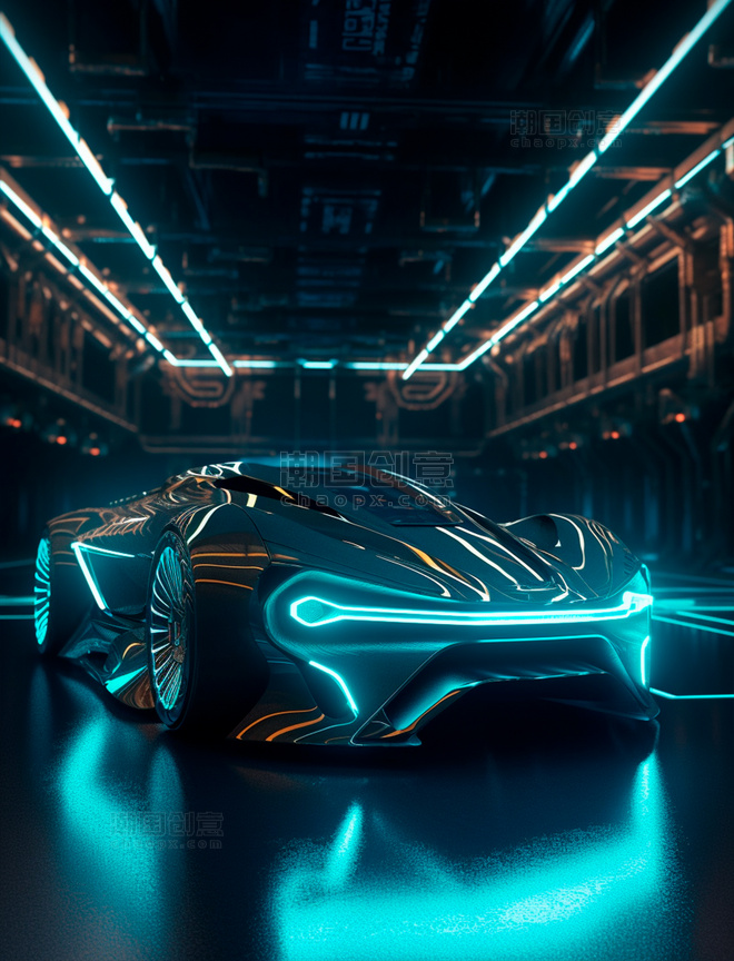 科幻光线流线型概念超级跑车未来该一字蓝光大灯