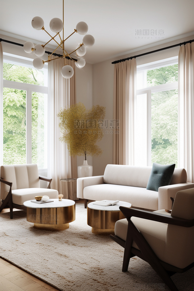 沙发地毯一个三座茶几吊灯扶手椅现代有机风格的住宅室内设计项目房间室内装修