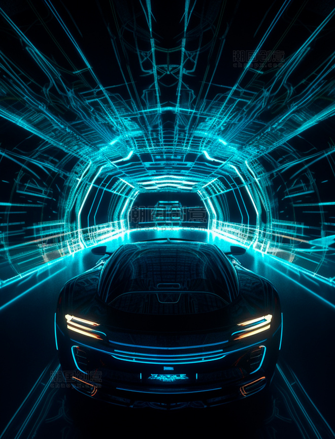 停在未来科幻光线隧道里的跑车正面视角图