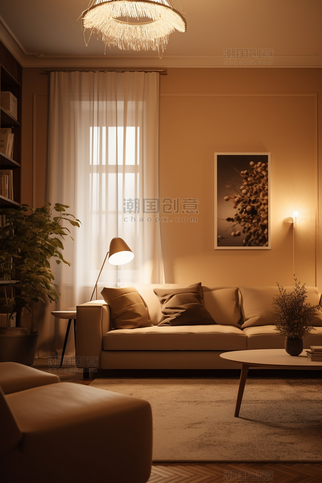 柔和的装饰优雅室内设计客厅温暖的光线拍摄的房地产照片