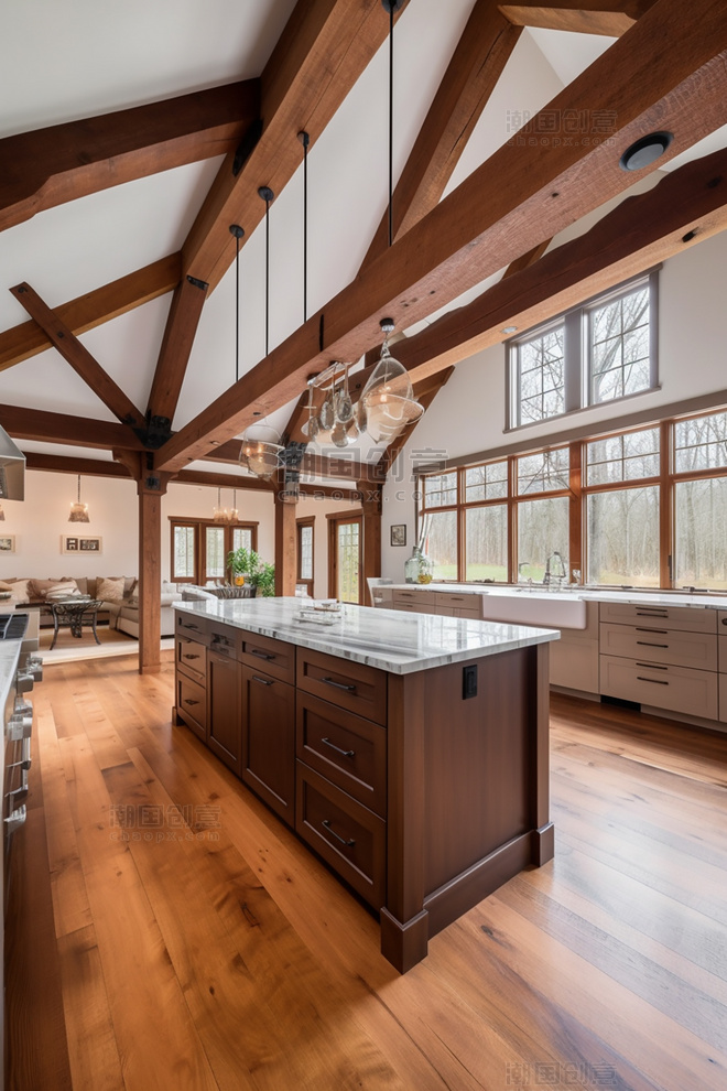 房地产摄影一个大型现代厨房的内部有裸露的木梁精致的细节超广角