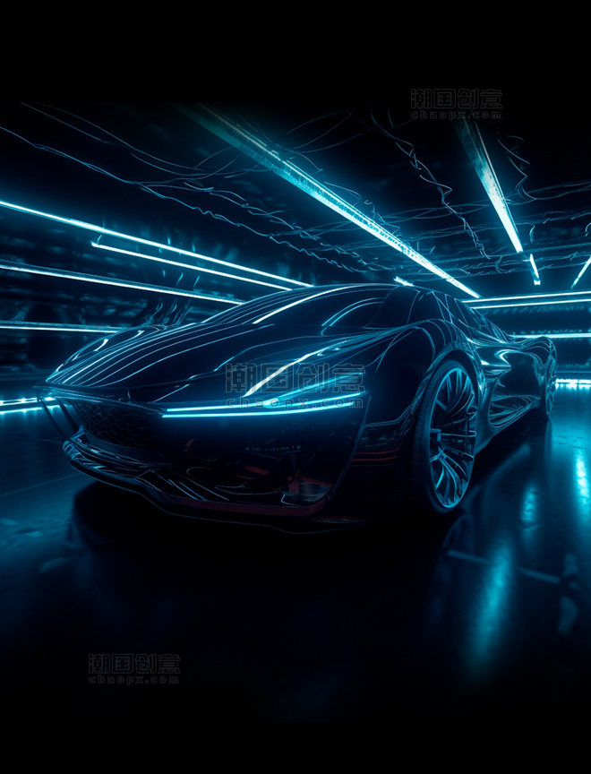 酷炫暗黑系超级跑车科幻感光线隧道