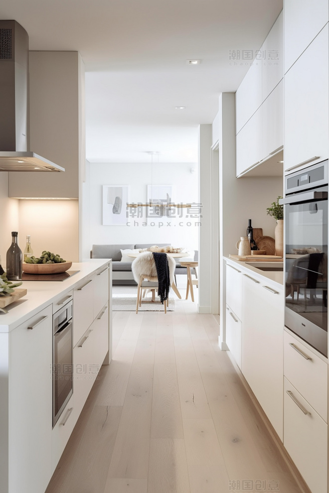 现代室内摄影极简主义厨房白色橱柜浅色木质装饰明亮宽敞
