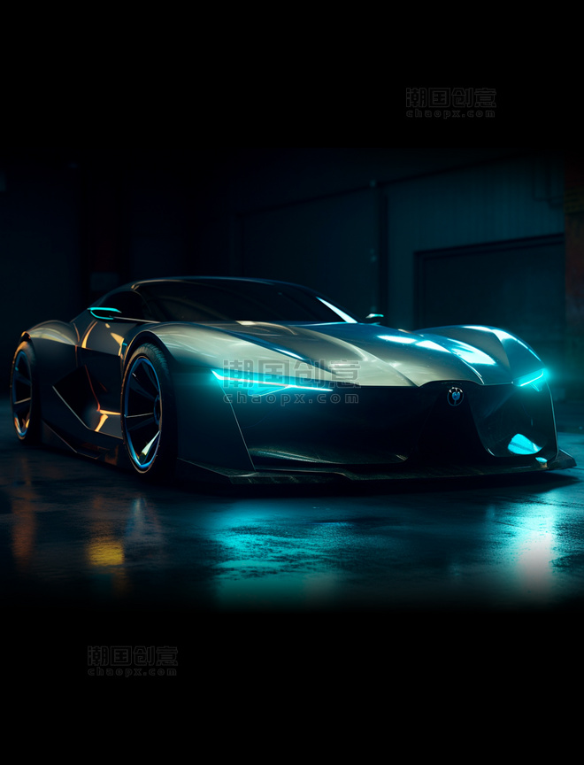 碳纤维暗银色概念超级跑车未来感蓝色大灯
