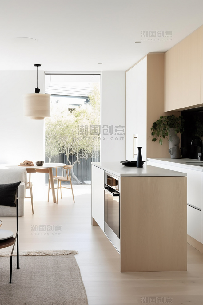 白色橱柜浅色木质装饰极简主义厨房明亮宽敞现代室内摄影