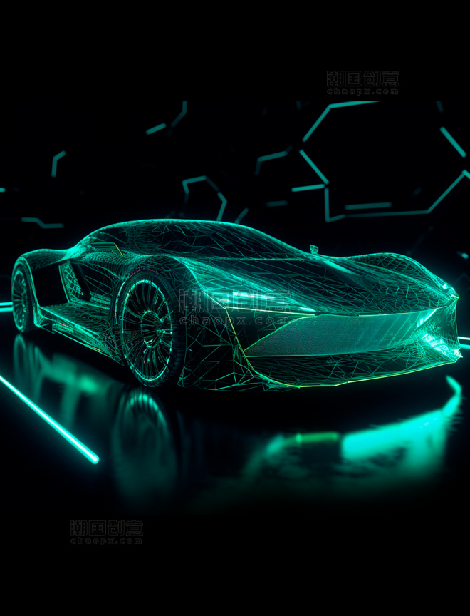 绿色线条光线透视感超级跑车概念图