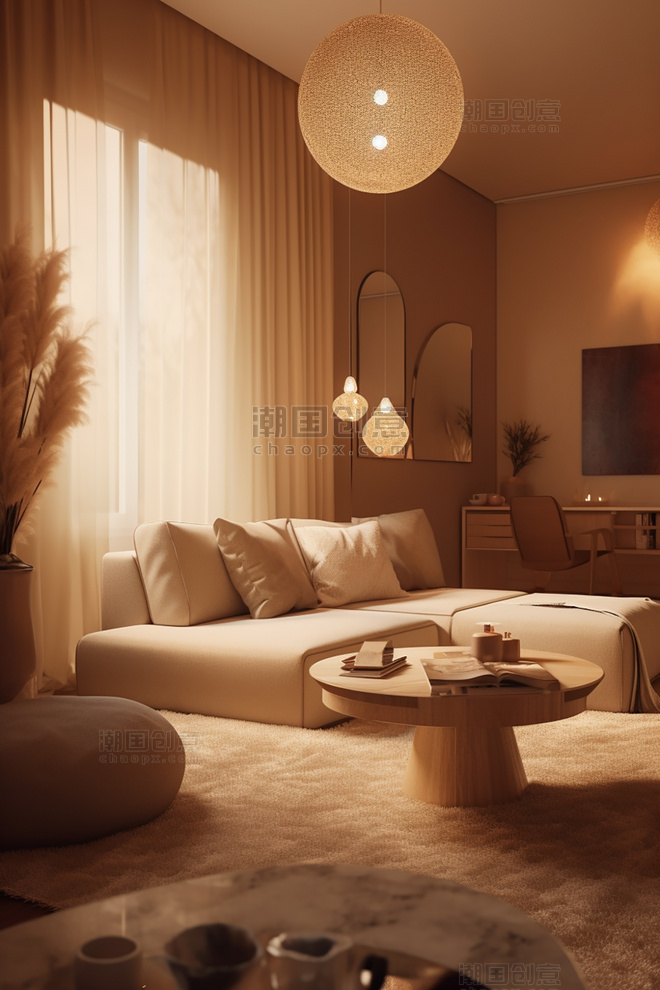 室内设计温暖的光线客厅柔和的装饰优雅拍摄的房地产照片