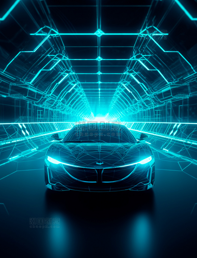 科幻感隧道里的线条光线透视感概念跑车