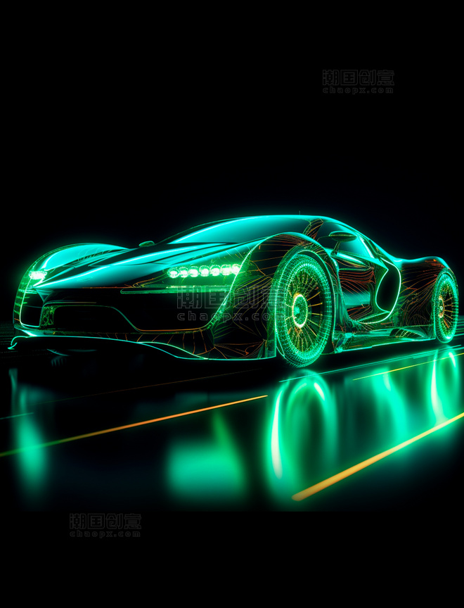 绿色光线线条透视感暗黑系概念超级跑车
