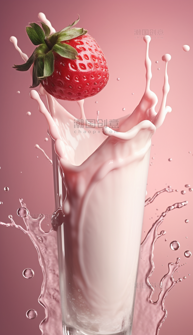 牛奶酸奶草莓碰撞特写照 