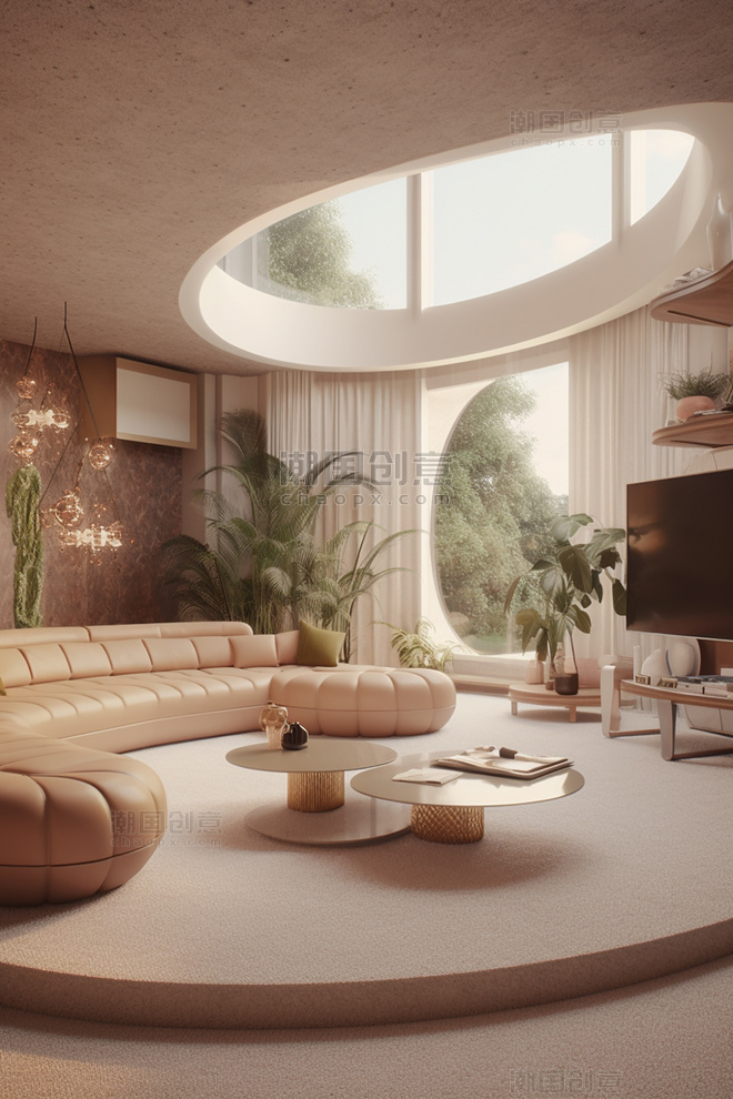 下沉式客厅对话坑70年代复古未来主义室内设计3d梦幻房地产拍摄